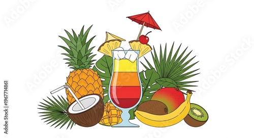 Tropical fruit cocktail illustration.