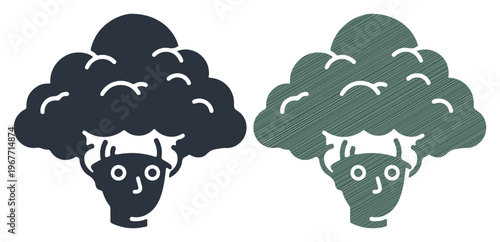 Whimsical broccoli head character, representing healthy eating and fun.