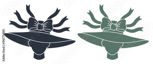 Elegant wide-brimmed hats adorned with bows and flowing ribbons in contrasting colors.