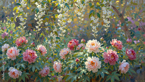 Lush Botanical Garden with Vibrant Peonies and Jasmine Vines