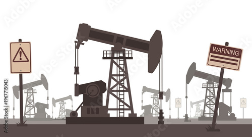 Oil Pump Jack in Industrial Setting. Vector Illustrations. EPS Editable