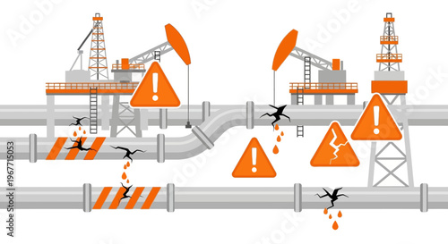 Oil Rigs with Warning Signs Pipeline. Vector Illustrations. EPS Editable