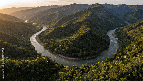 Aerial View of a Winding River in a Rugged Mountain Landscape