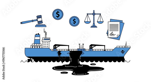 Oil tanker ship with black oil spill. Vector Illustrations. EPS Editable