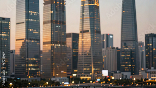Modern City Skyline at Golden Hour with Bokeh Light Effects