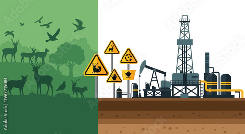 Oil Rig Industrial Landscape with Animals. Vector Illustrations. EPS Editable