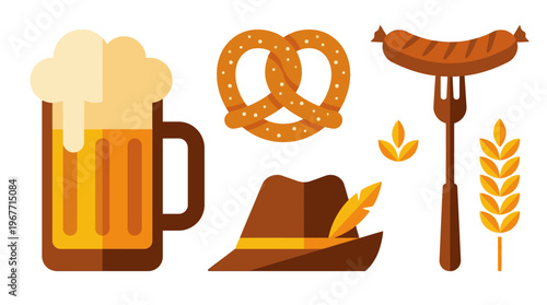 Oktoberfest food and drink icons. Vector Illustrations. EPS Editable