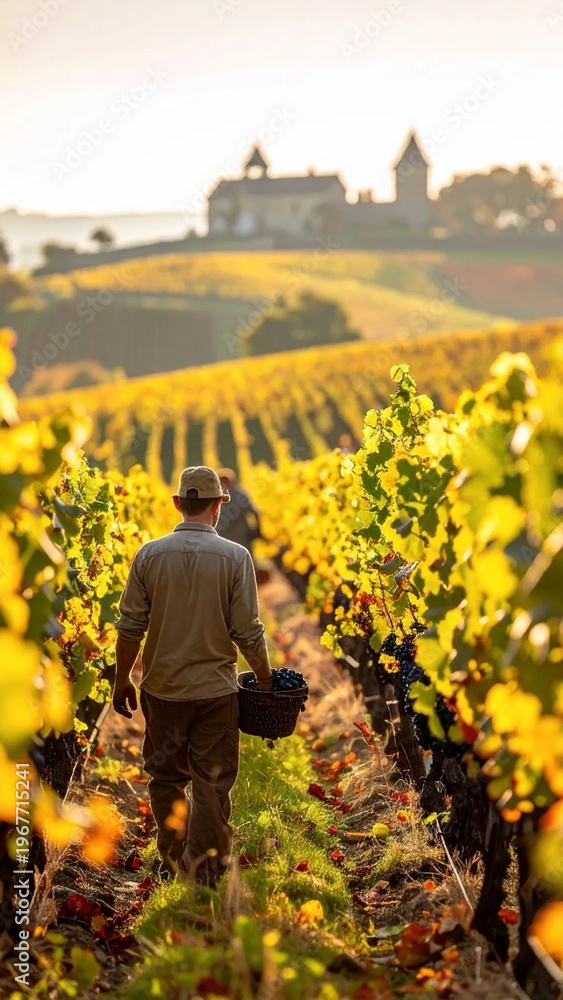 Fototapeta premium Vineyard worker harvesting grapes in autumn with castle backdrop.