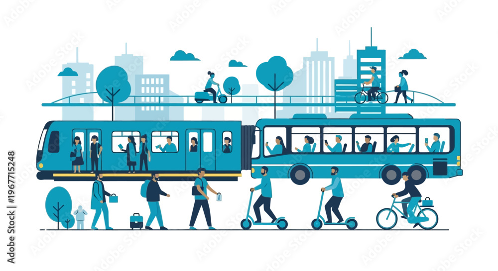 Naklejka premium People riding bicycles and scooters. Vector Illustrations. EPS Editable
