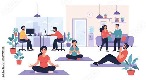 People engaging in various activities in a modern office environment. Vector Illustrations. EPS Editable