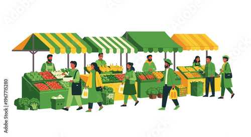 People selling fresh produce outdoors. Vector Illustrations. EPS Editable