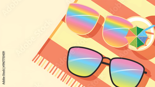 Two pairs of sunglasses and a drink on a striped towel, eyewear cocktail umbrella