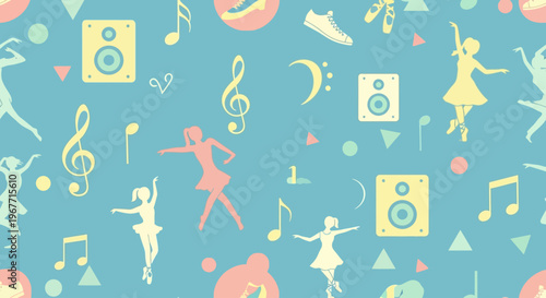 A vibrant pattern celebrating International Dance Day with musical notes, dancers, and speakers on a light blue background, perfect for festive designs