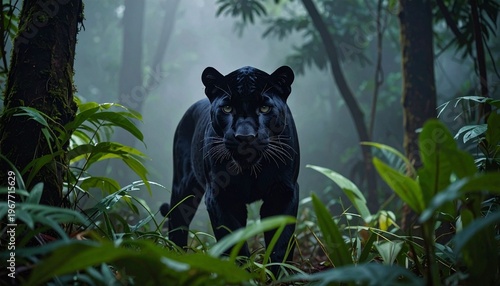 Black panther stalking through lush forest