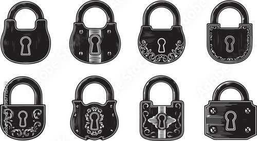 Collection of vintage and modern black padlocks on display