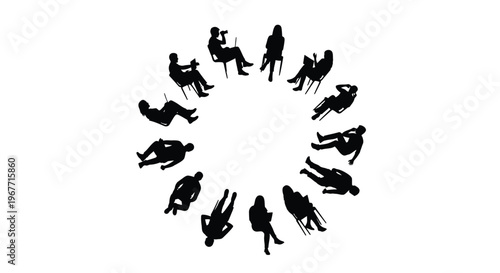 Diverse group of people in various poses arranged in a circle conveying teamwork and unity in a minimalist black silhouette on white background