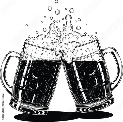 Two mugs of dark beer clinking together with bubbles and foam overflowing Vector