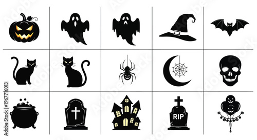 Halloween icons set including pumpkin bat witch hat cat spider skull and tombstones on white background