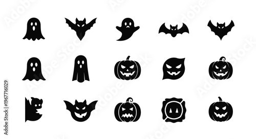 Halloween icons set including black silhouettes of ghosts bats jack o lanterns on white background for spooky decoration and design