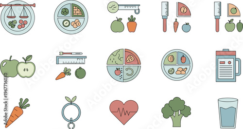 Healthy Nutrition and Diet Icon Set with Balanced Meal Plates, Fruits, Vegetables and Wellness Elements Flat Vector Collection Isolated on White Background