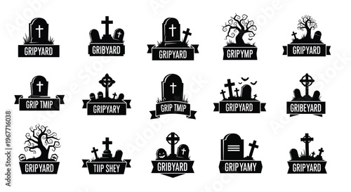 Collection of black silhouette graveyard icons and tombstone designs on white background for halloween or memorial themes