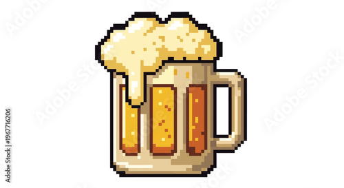 Pixel art beer mug with foam. Vector Illustrations. EPS Editable