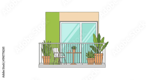 Potted plants on balcony railing outside. Vector Illustrations. EPS Editable