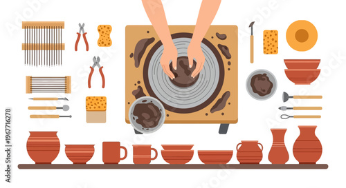 Pottery making tools and ceramics. Vector Illustrations. EPS Editable