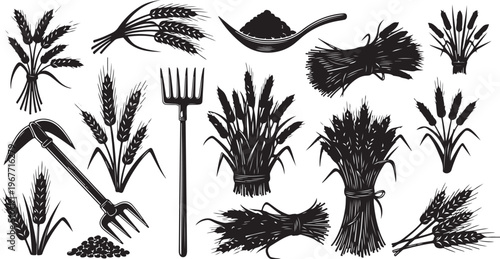 Agricultural tools and wheat bundles in black and white