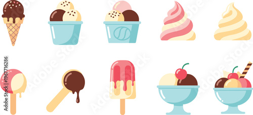 Ice Cream Dessert Icon Set with Cones, Scoops, Popsicles, Sundaes and Sweet Frozen Treats Flat Vector Collection Isolated on White Background