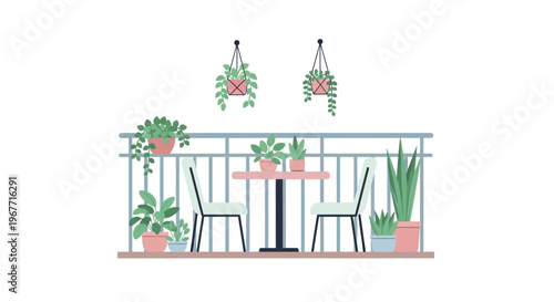 Potted plants on a balcony railing. Vector Illustrations. EPS Editable