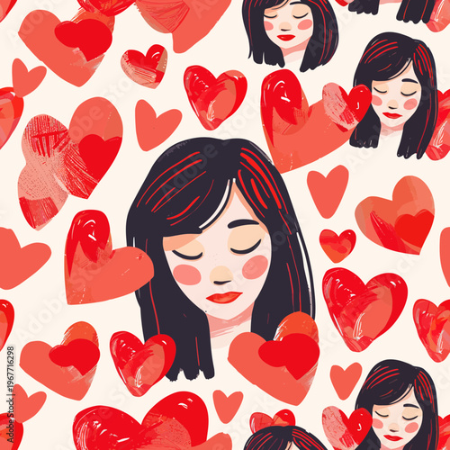 Portrait of a girl surrounded by hearts illustration.