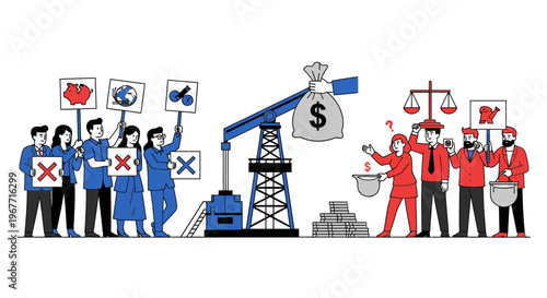 Protesters stand against oil workers. Vector Illustrations. EPS Editable