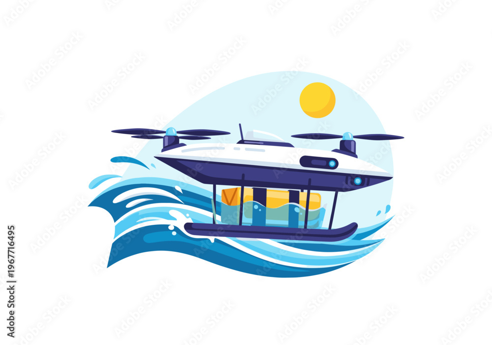 Fototapeta premium Autonomous drone boat carrying cargo floating on wavy ocean water