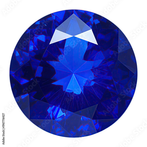 Faceted blue sapphire gemstone with brilliant cut showcasing vivid color and internal reflections against a dark backdrop for jewelry design