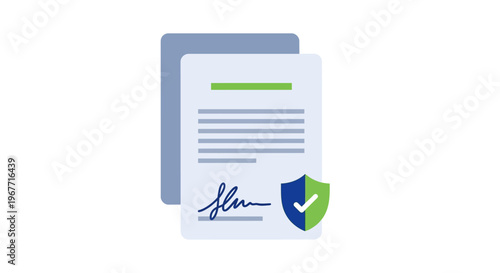 Secure Digital Document with Signature and Protection Shield. Vector Illustrations. EPS Editable