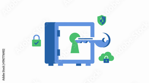Secure Safe with Lock and Icons. Vector Illustrations. EPS Editable