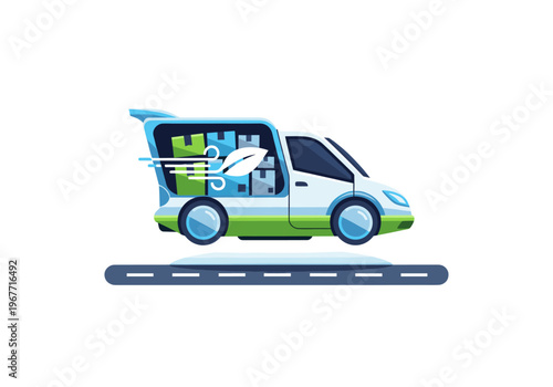 Eco-friendly delivery van transporting fresh products quickly on a road