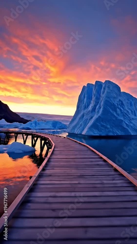 Wooden Boardwalk Path Leading to Large Iceberg in Ocean at Fiery Sunset