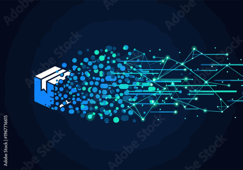 Blue digital package dissolving into abstract data particles and a connected network on a dark background