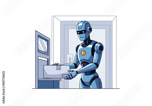 Blue humanoid robot delivering a package at an automated service locker indoors