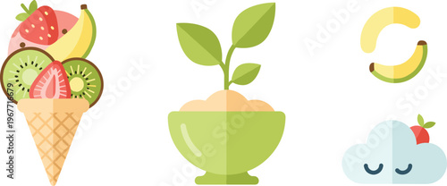 Healthy Dessert and Organic Lifestyle Illustration Set with Fruit Ice Cream, Plant Growth and Natural Food Concepts Flat Vector Collection