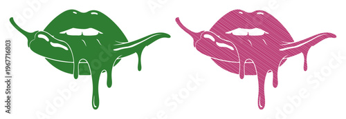 Vibrant lips with dripping chili peppers, symbolizing bold flavor and sensuality