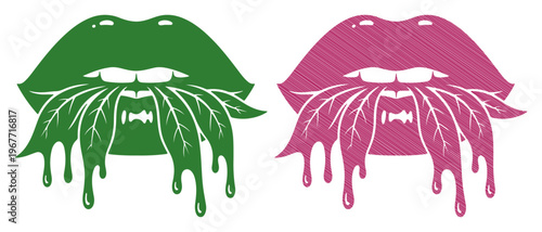 Canvastavla Striking contrast of vibrant lips with dripping leaves and sharp elements
