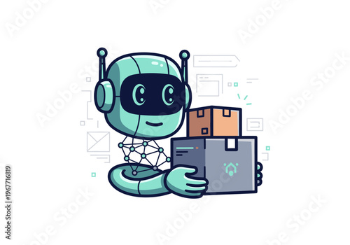 Cute friendly robot delivering two packages with a cheerful smile