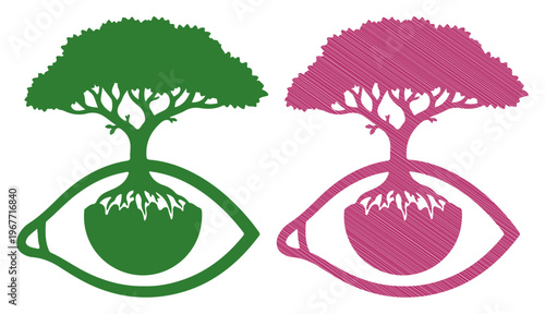 Symbolic eyes with growing trees and roots, representing nature and vision