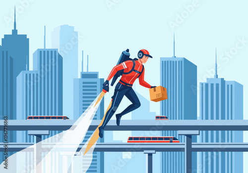 Delivery person with a jetpack transporting a package over a futuristic city with elevated trains