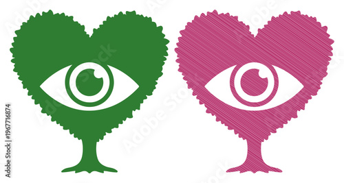 Two heart-shaped trees with eyes, symbolizing love and perception.