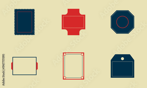 Hand-drawn set of six vintage postal labels and ticket frames in red and navy retro graphic authentic illustration