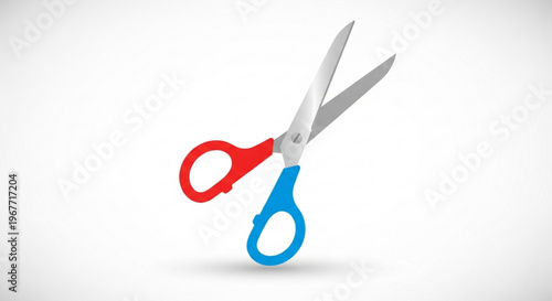 Scissors with red and blue handles standing open on white background symbolizing creativity and duality in cutting tasks